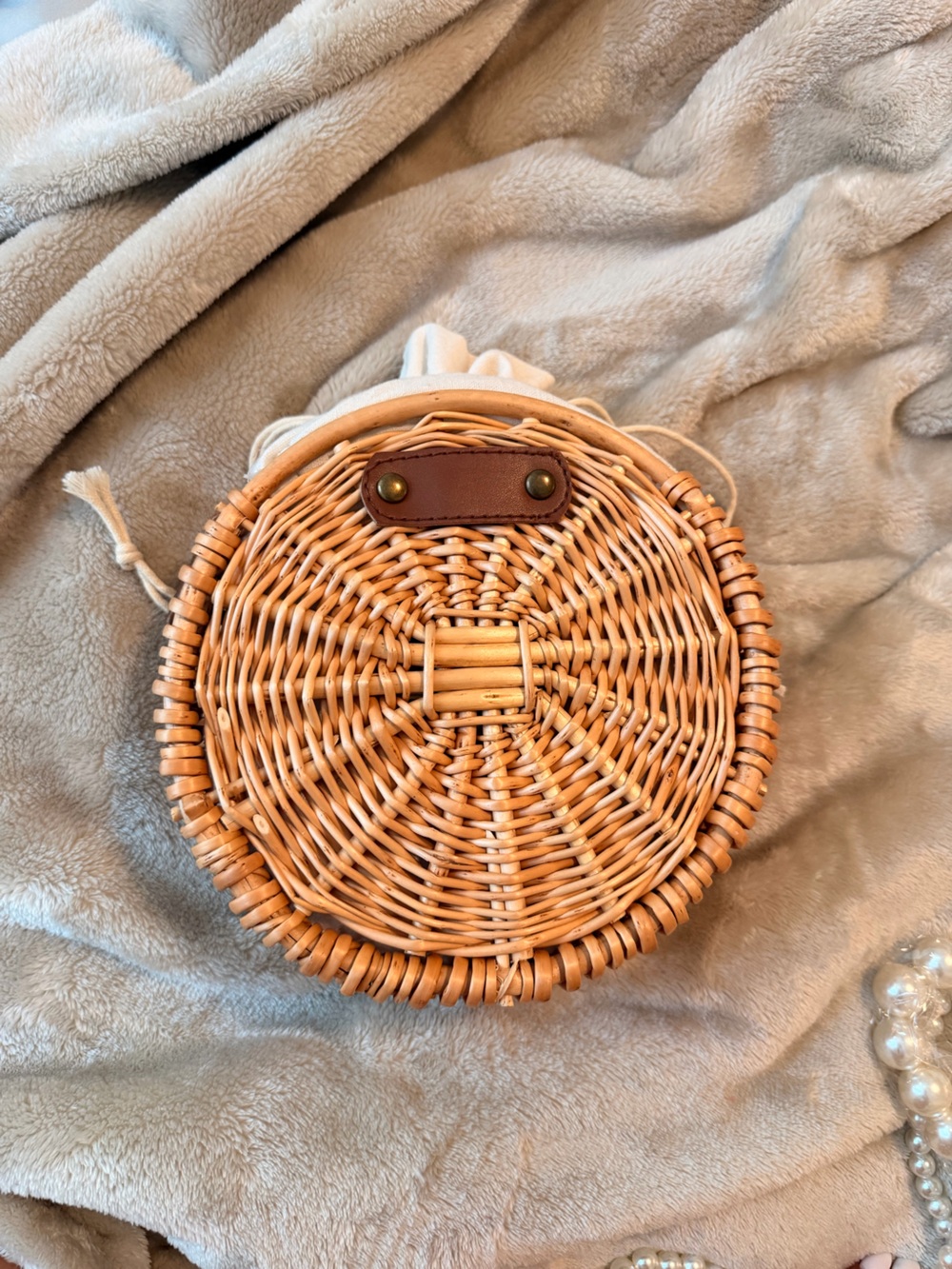 Round Woven Rattan Crossbody Bag in Natural Tan